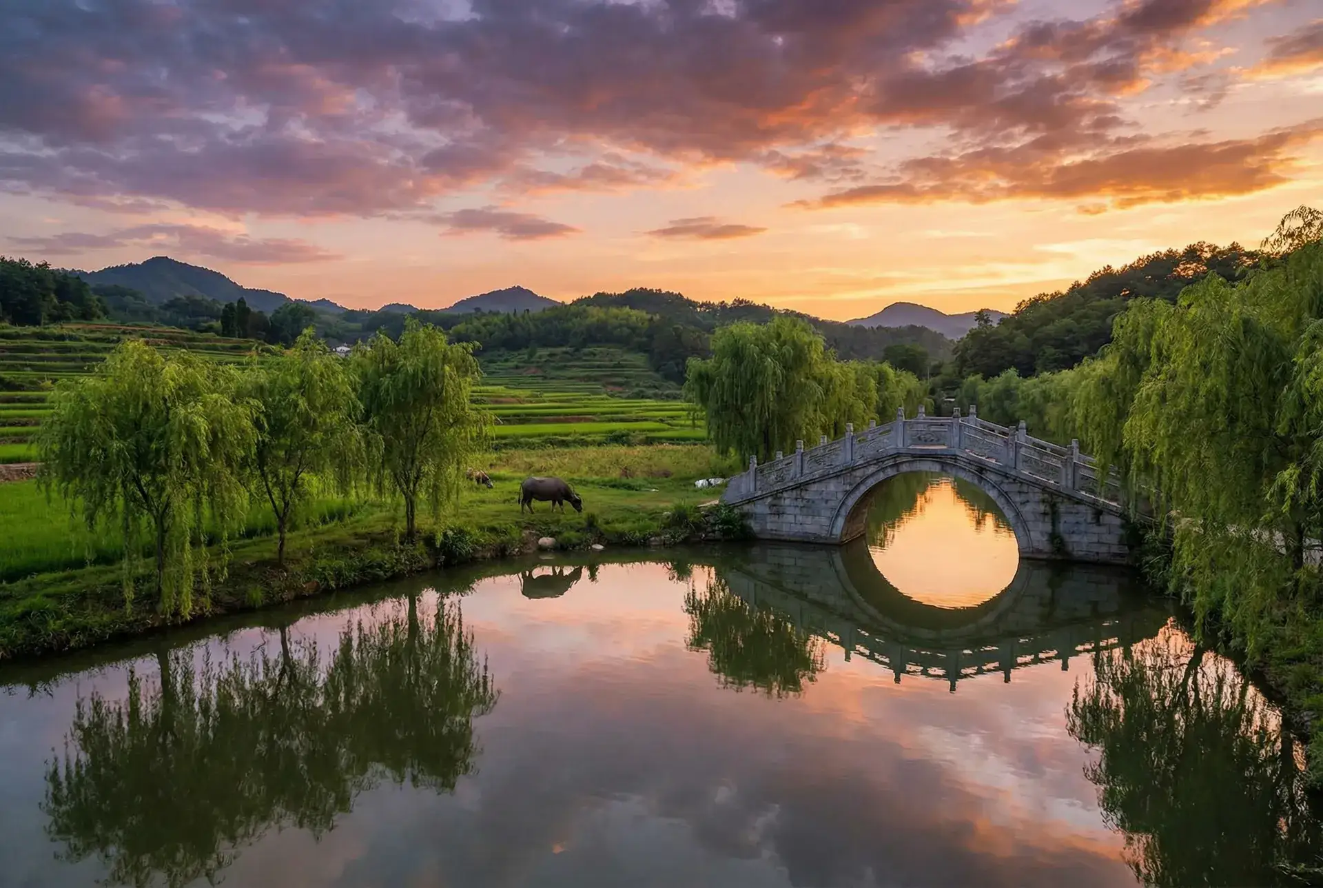 夕阳下的石拱桥与垂柳，水牛在河边吃草 - 猪八戒网兼职 乡村美景